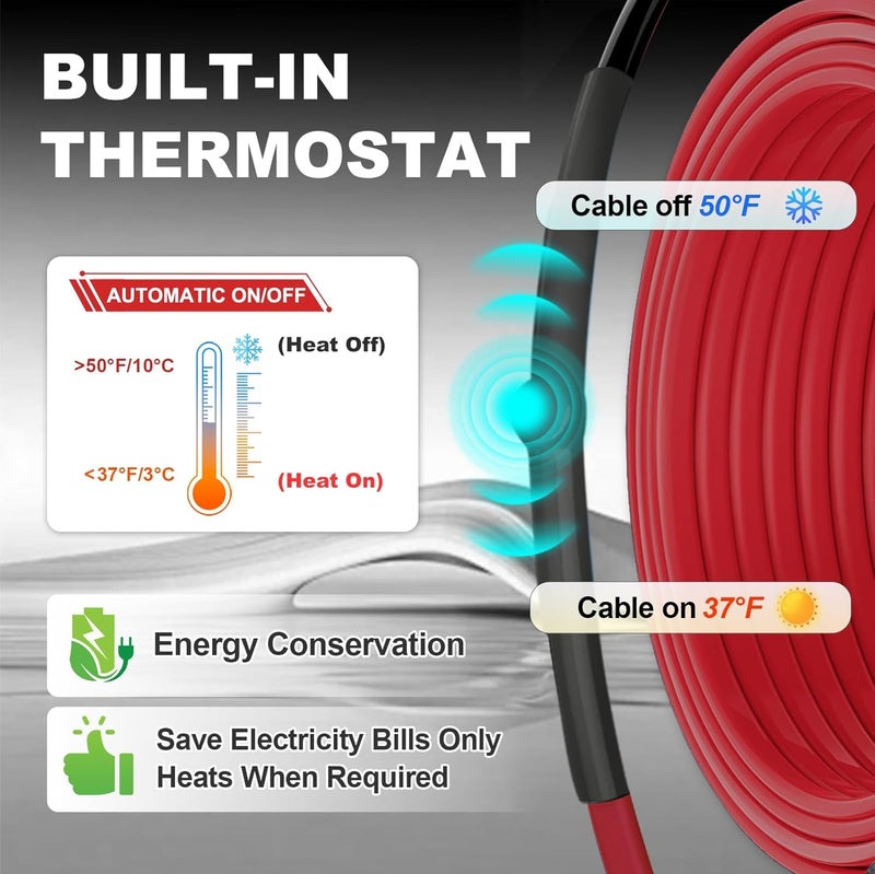 MAXKOSKO Store 55 Feet Pipe Heat Cable for Water Pipe Freeze Protection, Heat Tape for Pipes with Thermostat, Prevents Pipe Freeze, for Metal & Plastic Pipes, 120V 7W/FT - Image 4